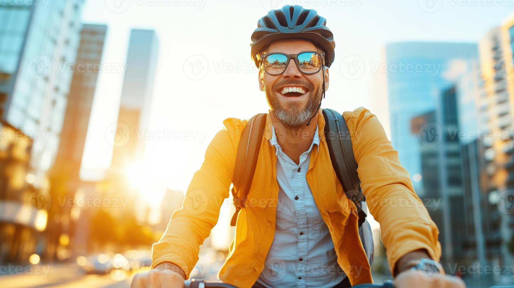 Happy man riding a bicycle in the city at sunrise, enjoying urban commute and healthy lifestyle with a joyful smile and sunny day. photo