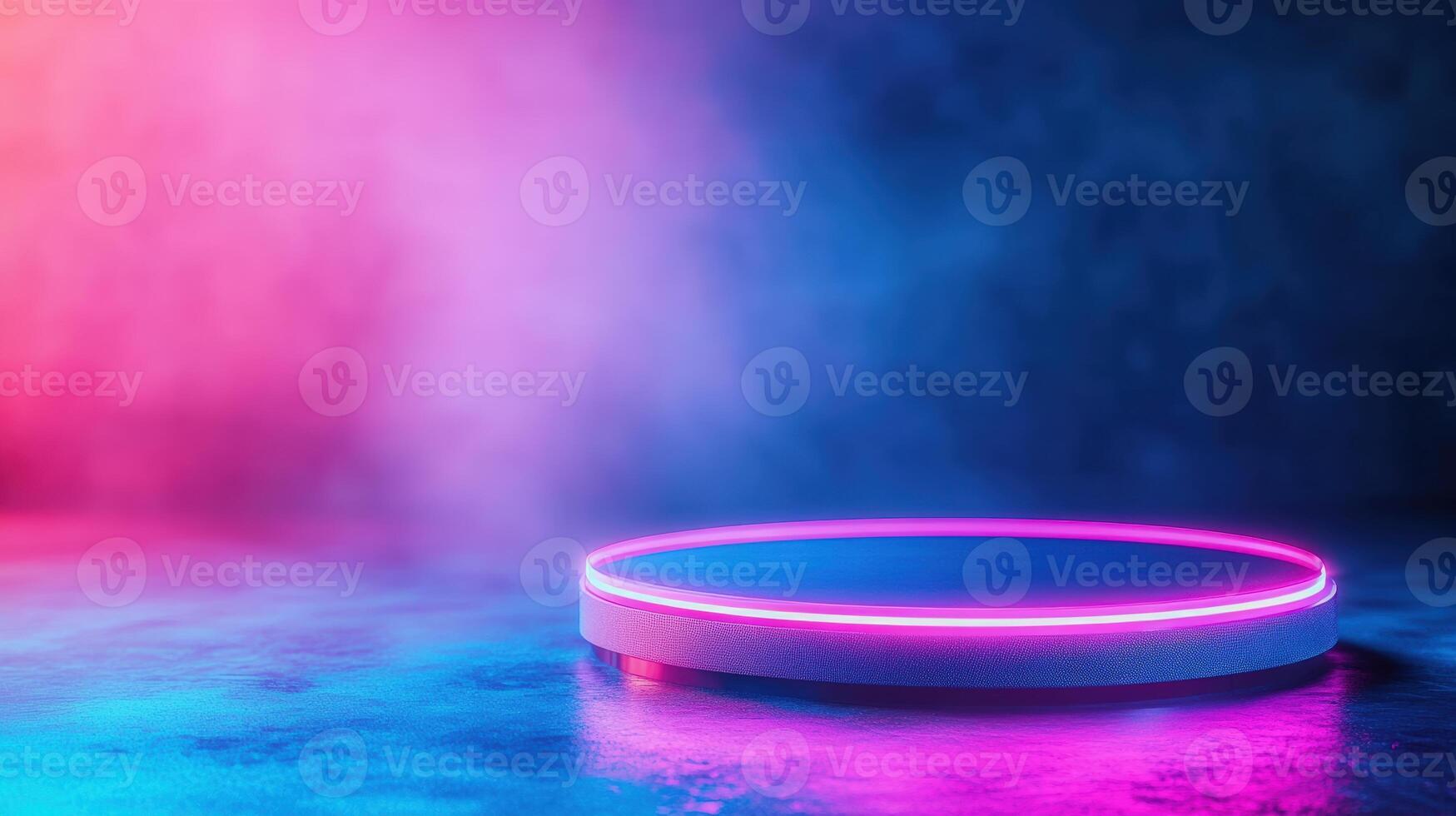 Futuristic neon lit podium with misty background, ideal for product display or promotional design. Vibrant and abstract lighting. photo