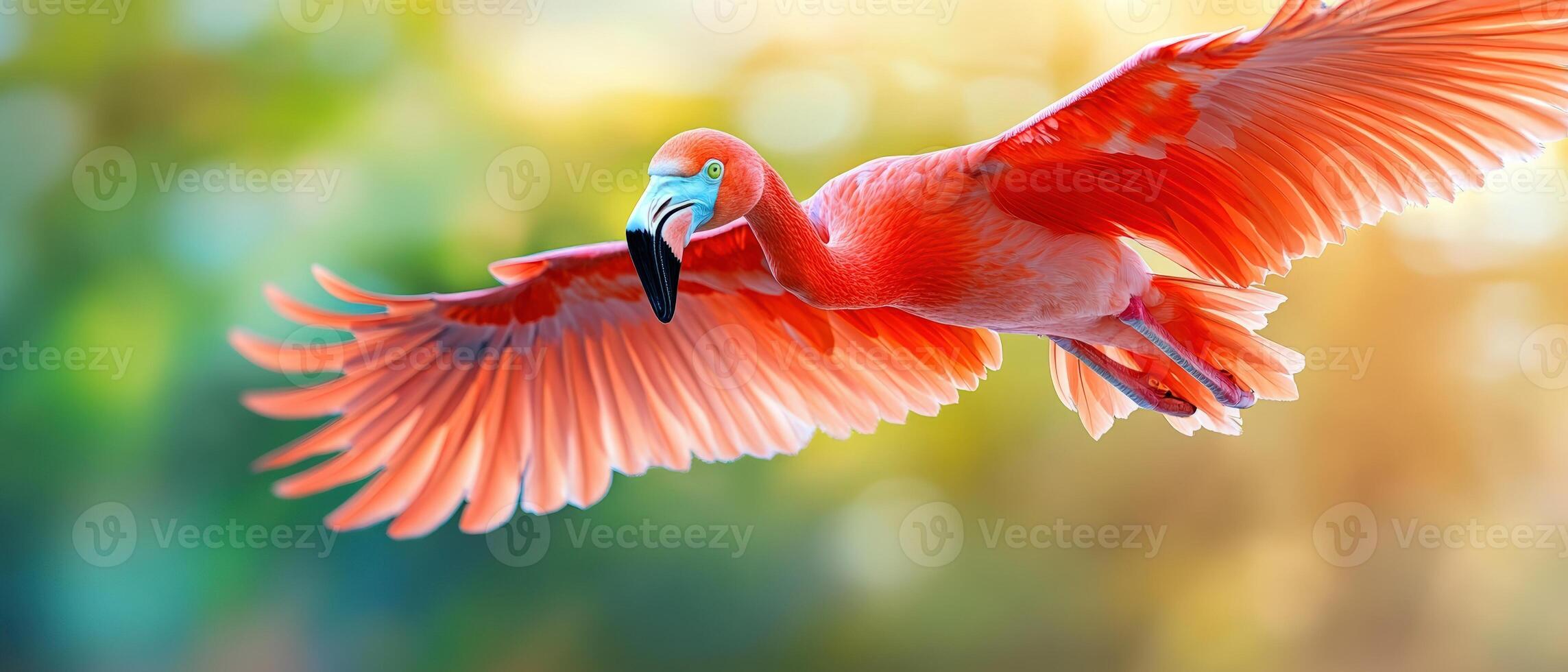 Vivid scarlet macaw in flight against a colorful blurred background, showcasing vibrant feathers and dynamic movement. photo