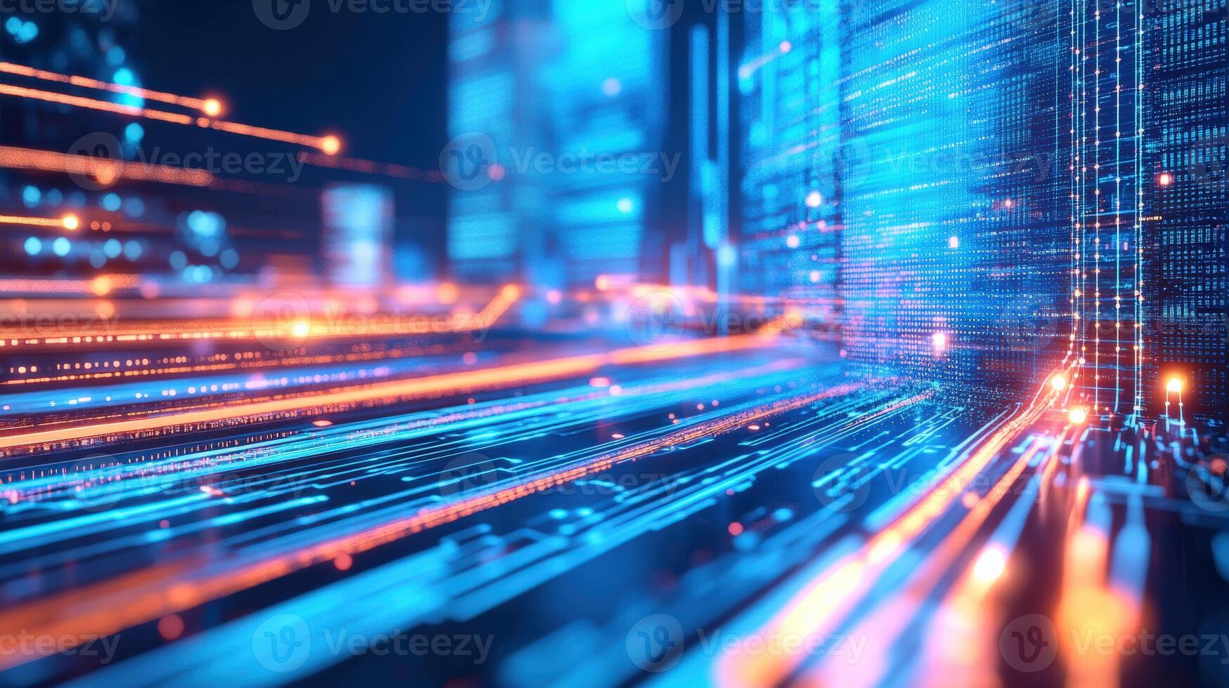 High-tech abstract background with dynamic lines and glowing lights symbolizing fast data transfer and digital communication. photo