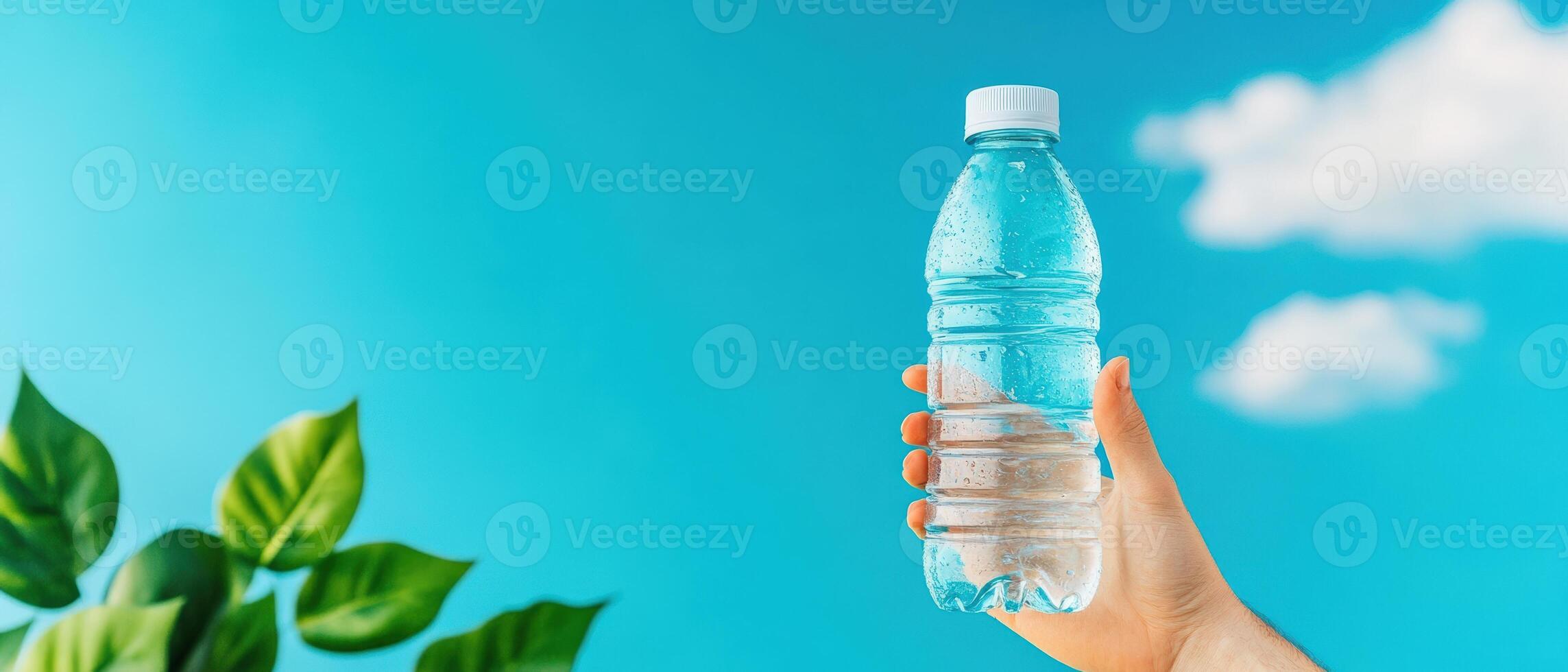 Hand holding a plastic water bottle against a vibrant blue sky with green leaves in the background, symbolizing freshness and hydration. photo