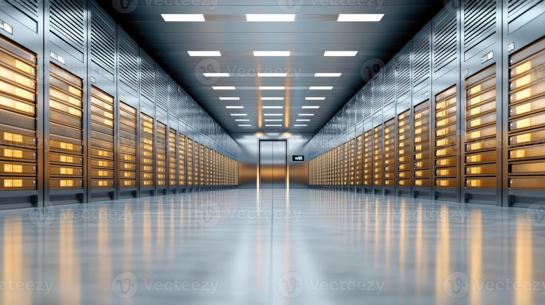 Modern data center hall with glowing server racks and reflective floors, showcasing advanced technology infrastructure. photo
