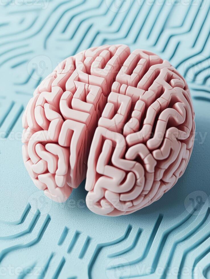 Human brain model on a blue background with network pattern, symbolizing connections, intelligence, and innovation in medical and technology fields. photo