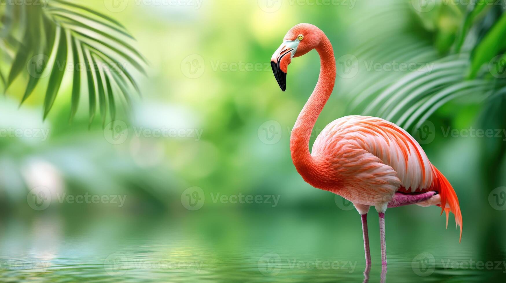 Vibrant flamingo standing in tranquil water amidst lush green foliage, creating a serene tropical setting perfect for nature-themed projects. photo