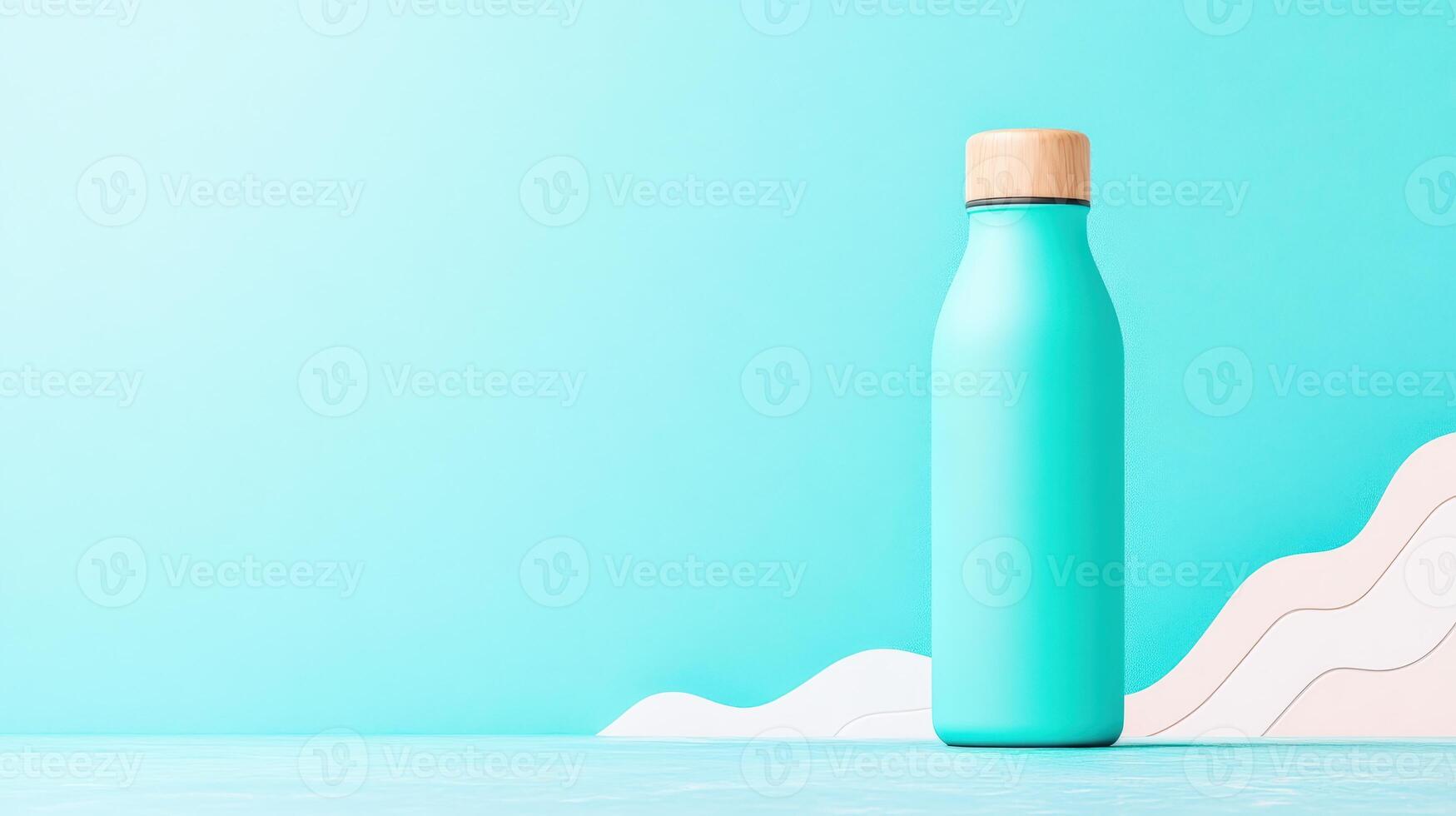 Minimalist turquoise bottle on a light blue background with wave-like patterns, perfect for hydration and eco-friendly themes. photo