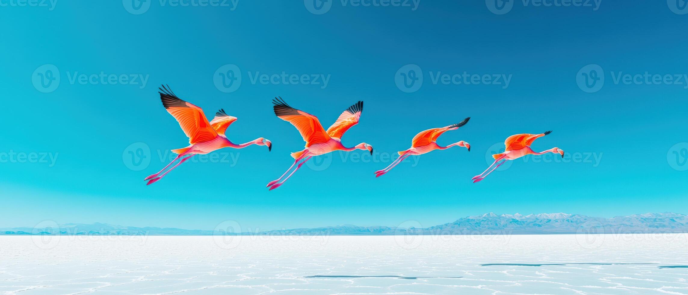 Four flamingos in flight against a vibrant blue sky over a salt flat, showcasing nature and wildlife in perfect harmony. photo