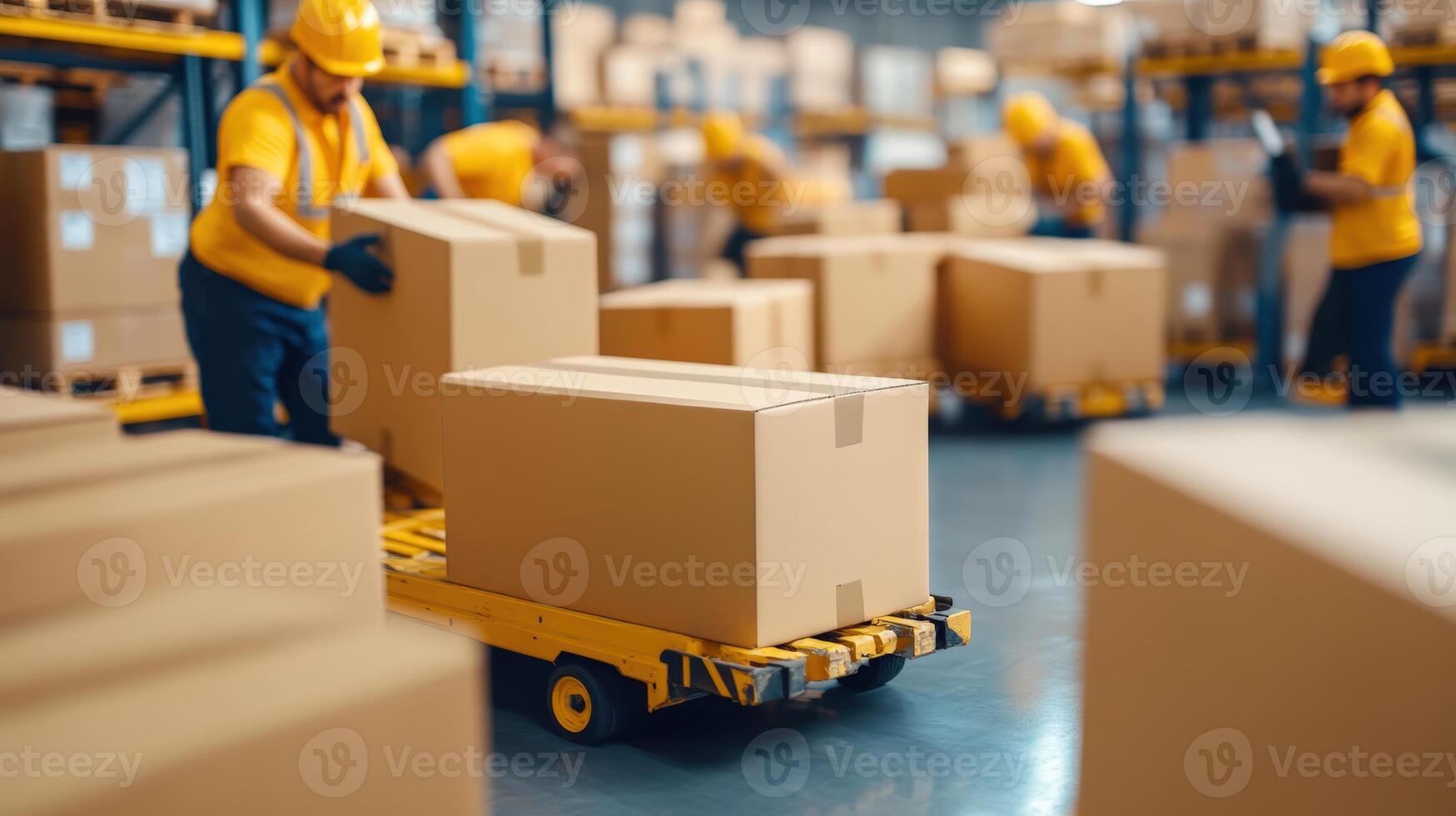 Workers in a warehouse handling cardboard boxes, organizing and manually moving packages with equipment. Efficient and busy logistics center. photo