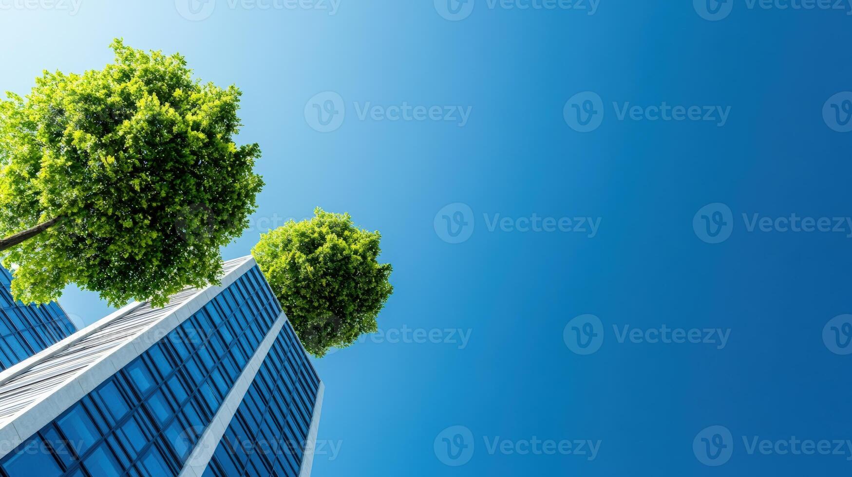 Modern skyscraper with reflective glass windows and green trees under a clear blue sky, representing urban architecture and sustainability. photo