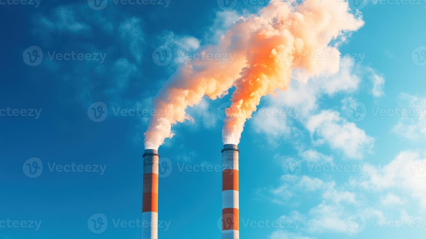 Industrial chimneys releasing smoke into the blue sky, symbolizing air pollution and environmental impact. Clear day with vibrant colors. photo