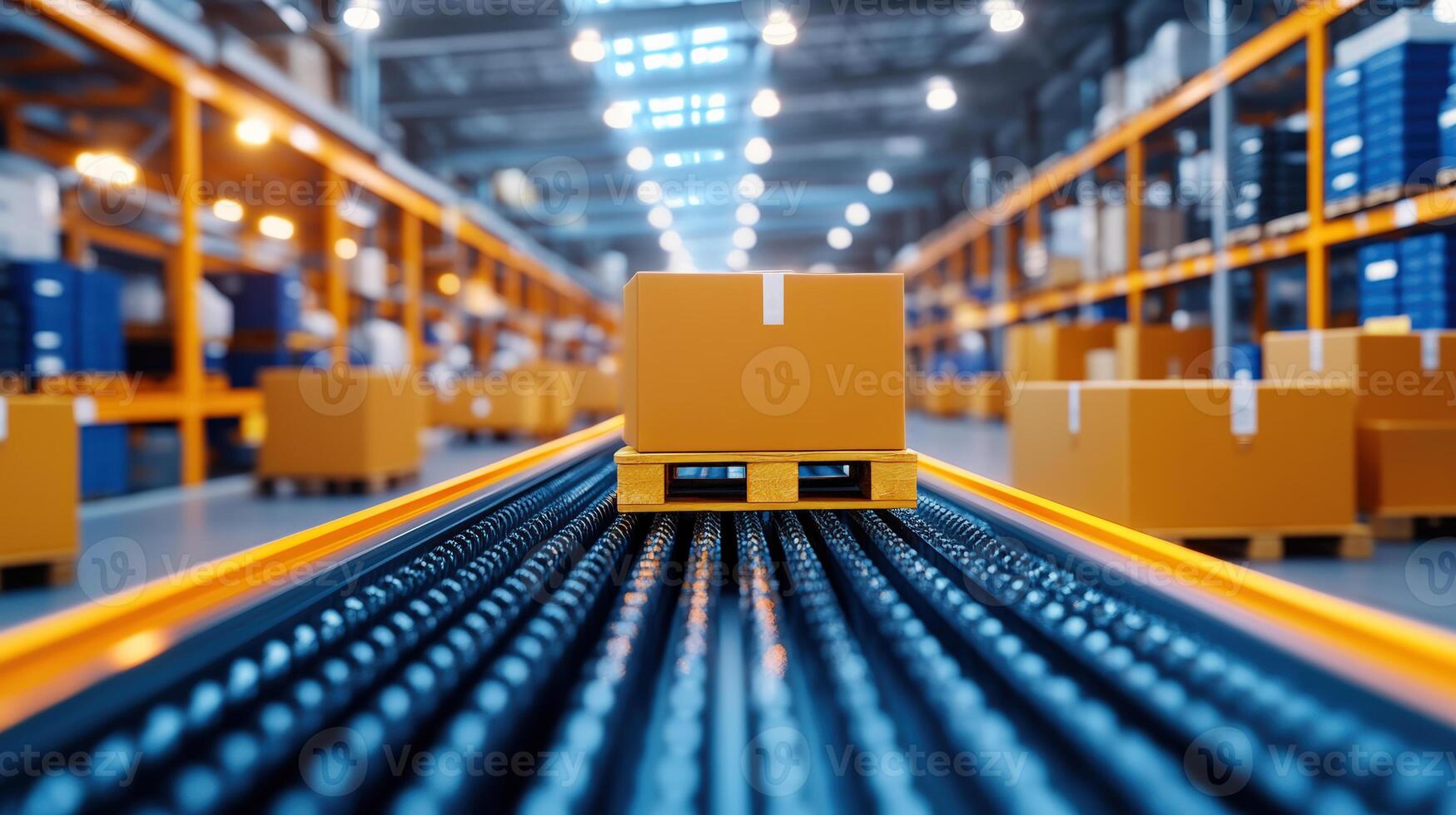 Modern warehouse conveyor system with brown package, efficient and automated logistic solutions for storage and shipping. photo