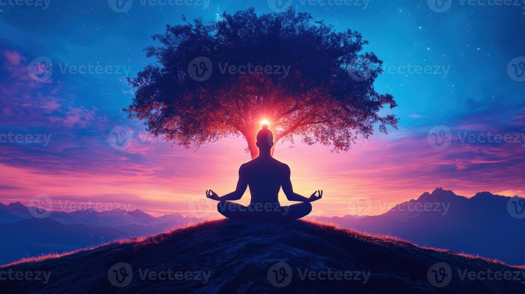 Serene silhouette of person meditating under tree at sunset, blending colors of dusk and dawn in tranquil natural setting. photo