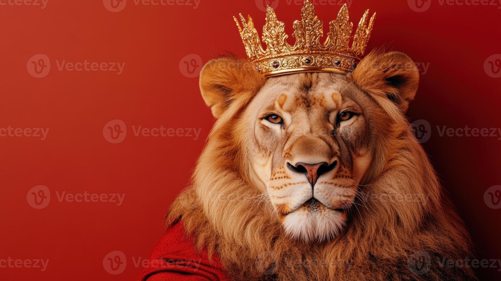 Majestic lion wearing a golden crown, symbolizing royalty and power, isolated against a bold red background. photo