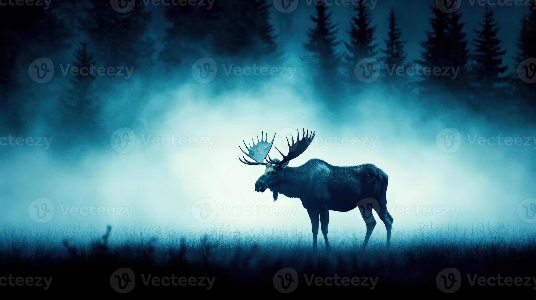 Mystical night scene of a lone moose standing in foggy, moonlit forest, surrounded by silhouette of pine trees under a blue sky. photo