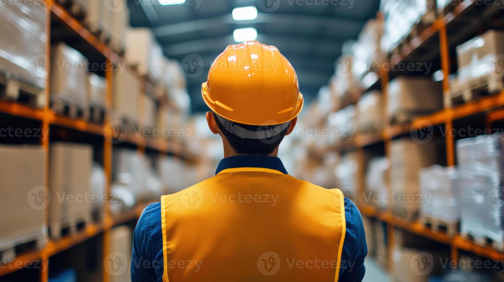 Worker in safety vest and helmet standing in large warehouse with shelves full of boxes. Logistics and inventory management concept. photo