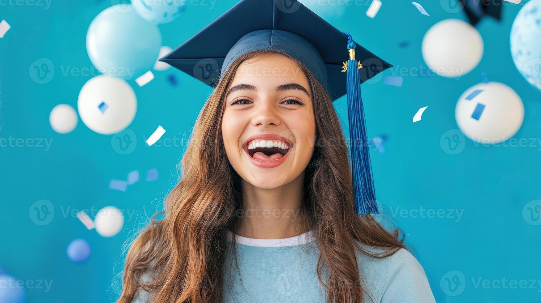 Happy graduate celebrating with joy and confetti in a cheerful atmosphere, wearing cap and gown. photo