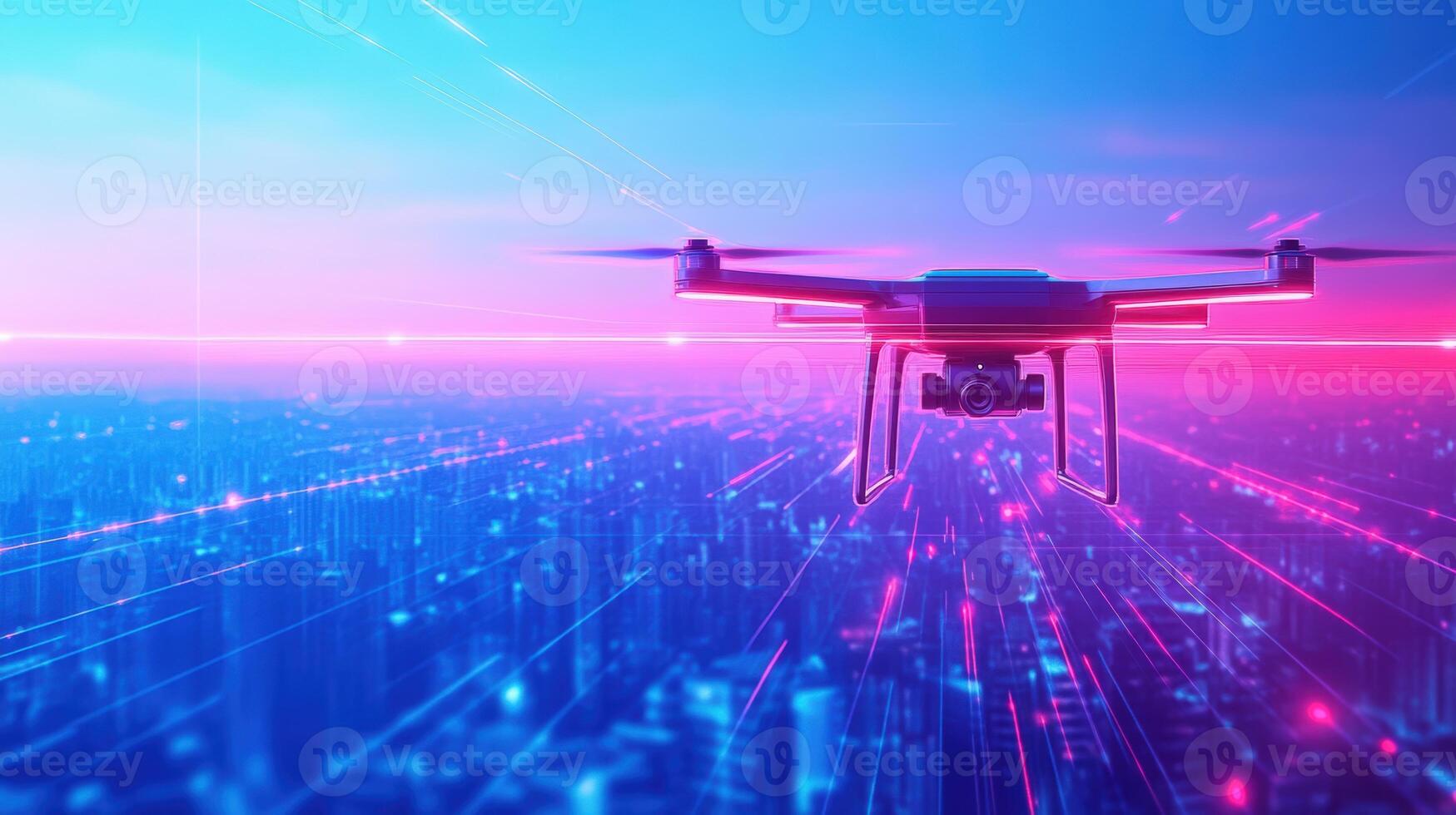 Futuristic drone flying over a digital cityscape with neon lights, showcasing advanced technology and innovation in modern urban environments. photo
