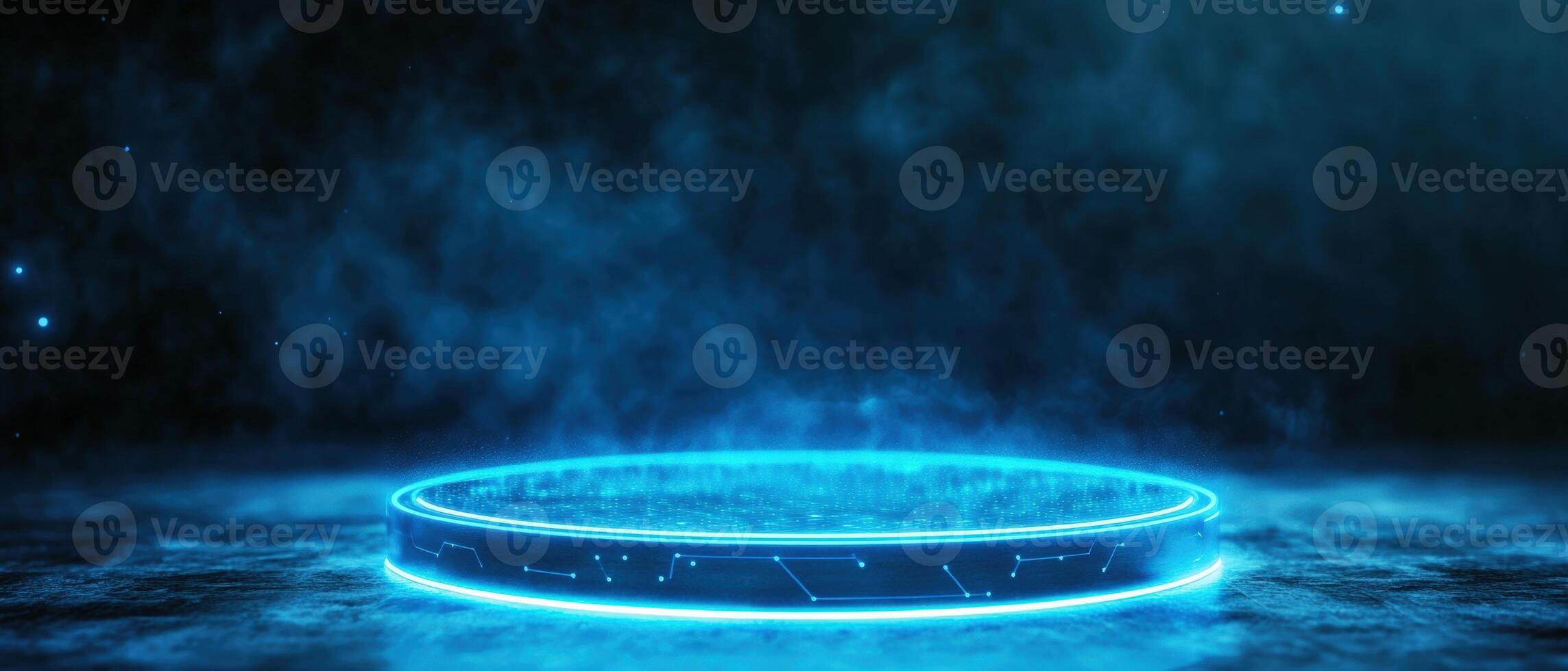 Futuristic glowing blue neon circle with a smoky background, perfect for sci-fi themes, digital designs, or technology presentations. photo