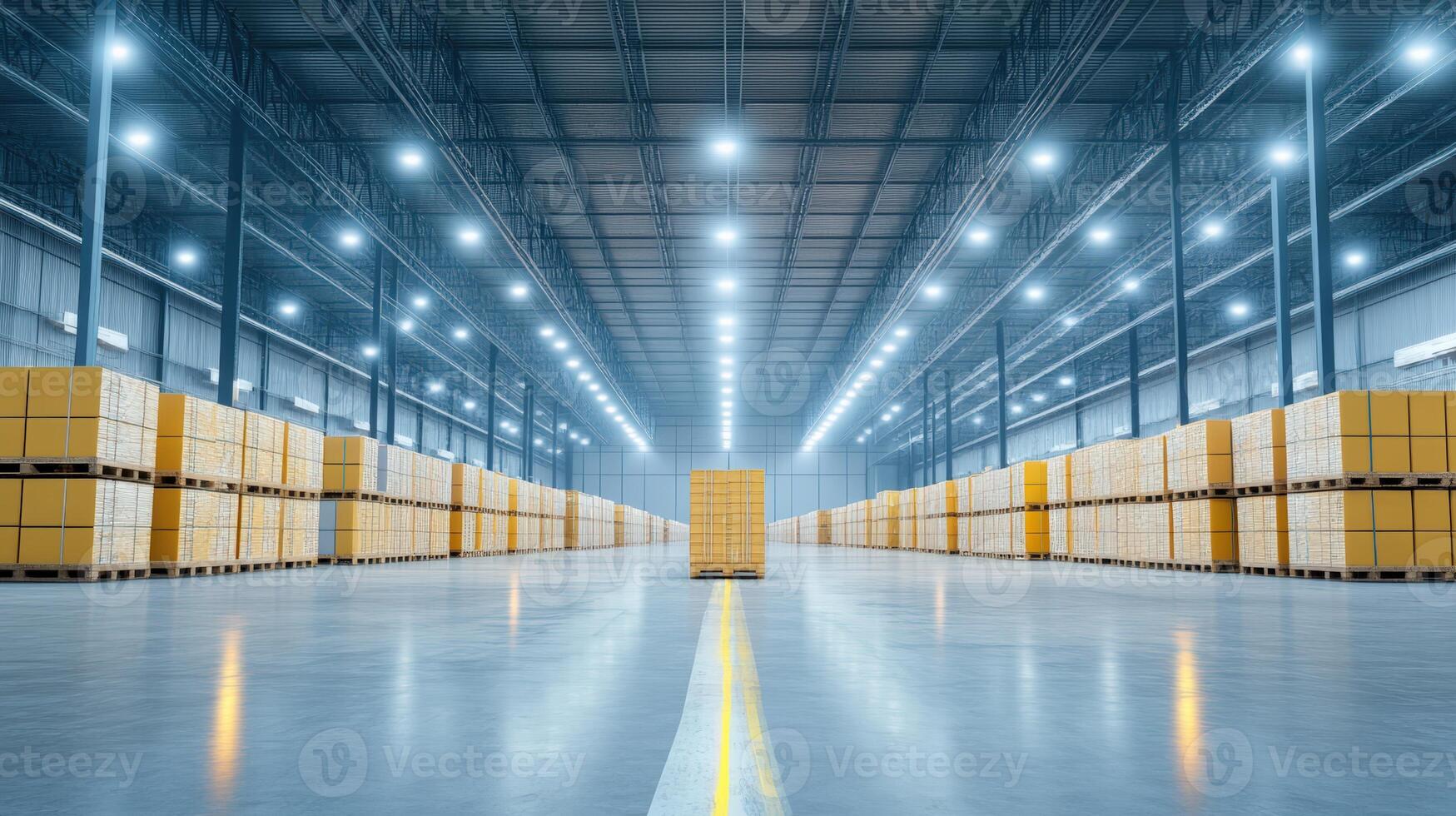 Spacious modern warehouse with rows of neatly stacked boxes, illuminated by bright ceiling lights, showcasing organized storage area. photo