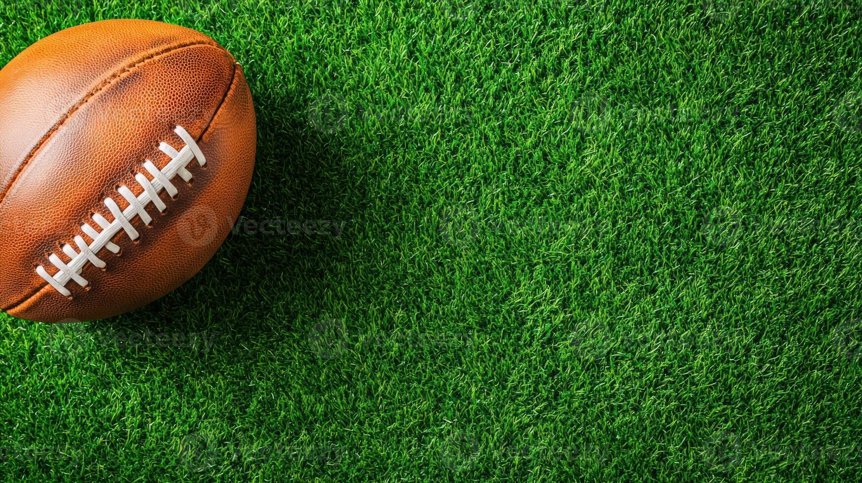 Close-up of an American football resting on green artificial turf. Perfect for sports-related content and football themes. photo
