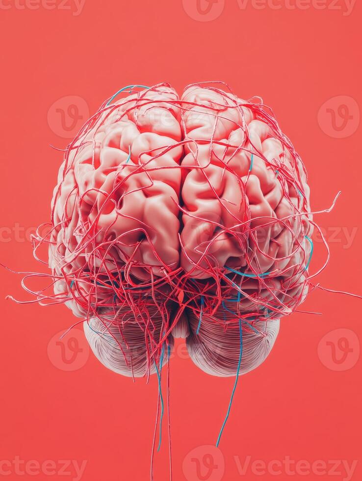 A detailed 3D rendering of a human brain with veins on a vibrant red background, showcasing anatomical complexity and medical imagery. photo
