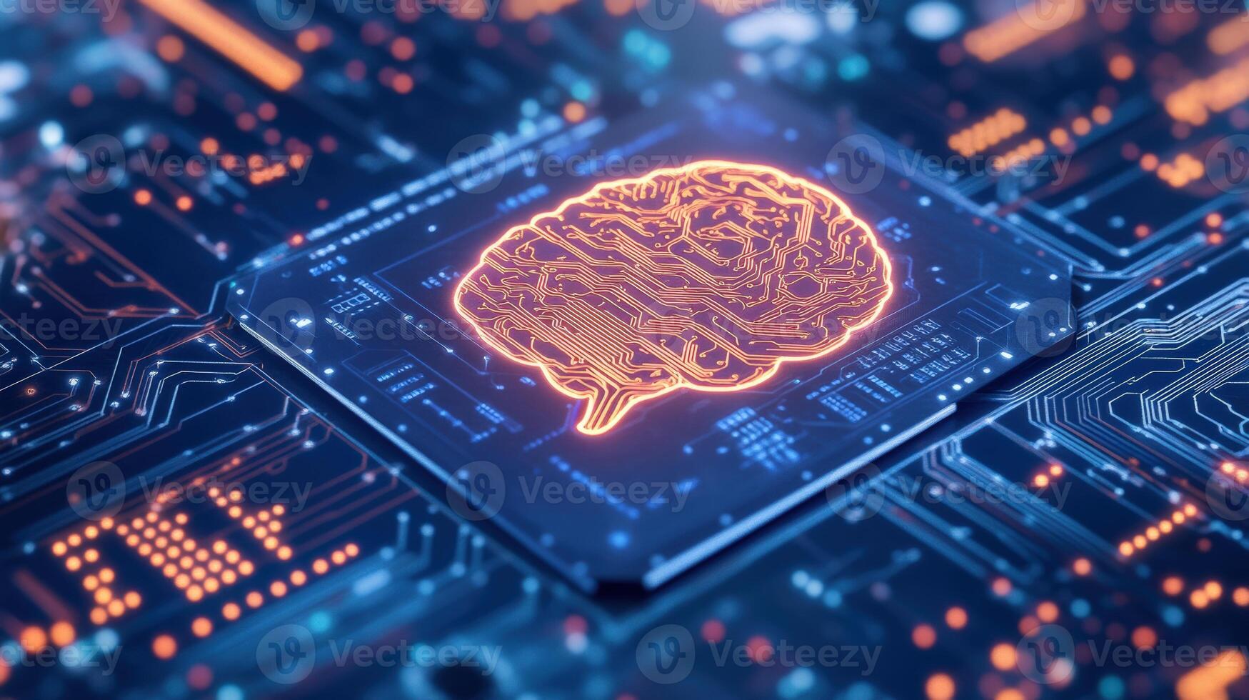 Close-up of a glowing brain-shaped circuit board representing artificial intelligence and advanced technology on a digital blue background. photo