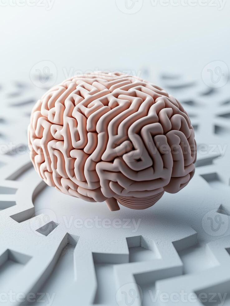 Close-up image of a human brain model on a maze background, symbolizing mental complexity and problem-solving concepts. photo