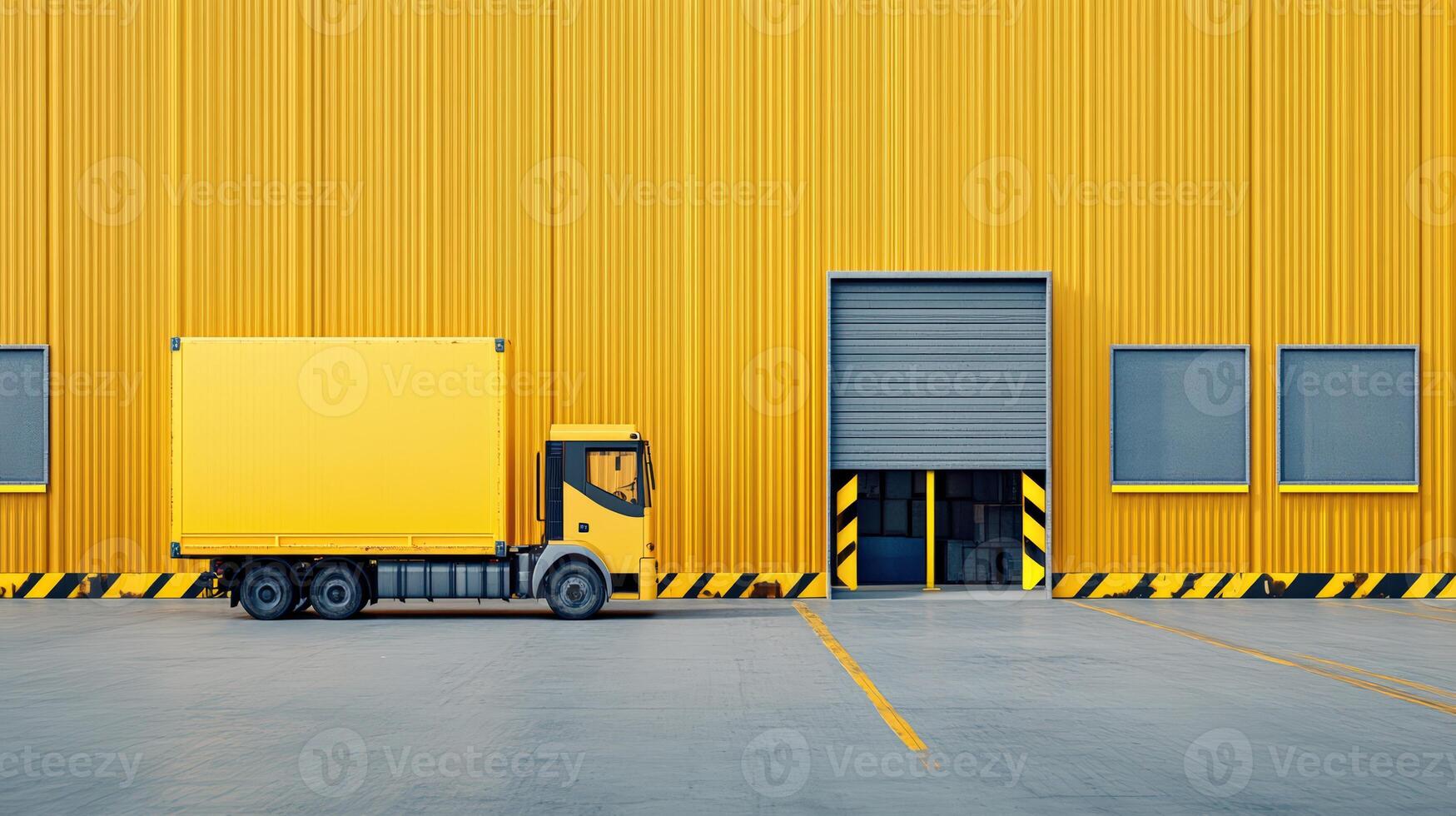 Bright yellow warehouse with a matching delivery truck parked in front, highlighting industrial and logistics themes. photo