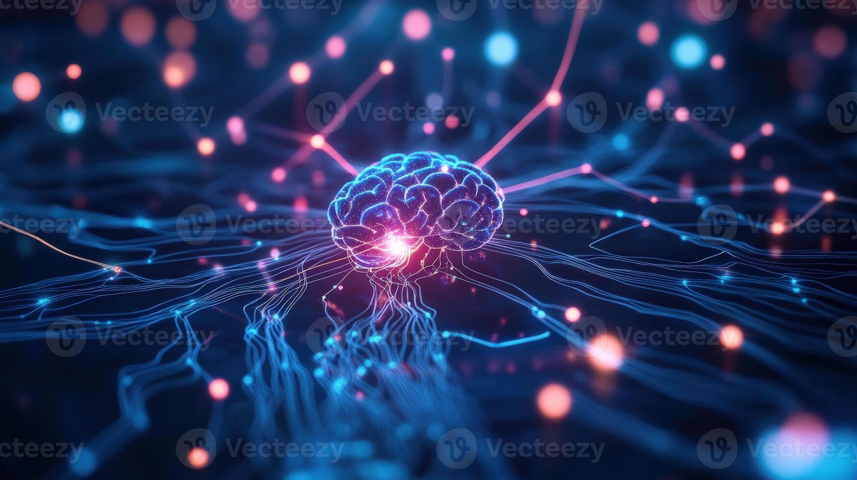 Artificial intelligence concept with a digital brain and neural network connections illuminated in vibrant colors, representing advanced technology. photo