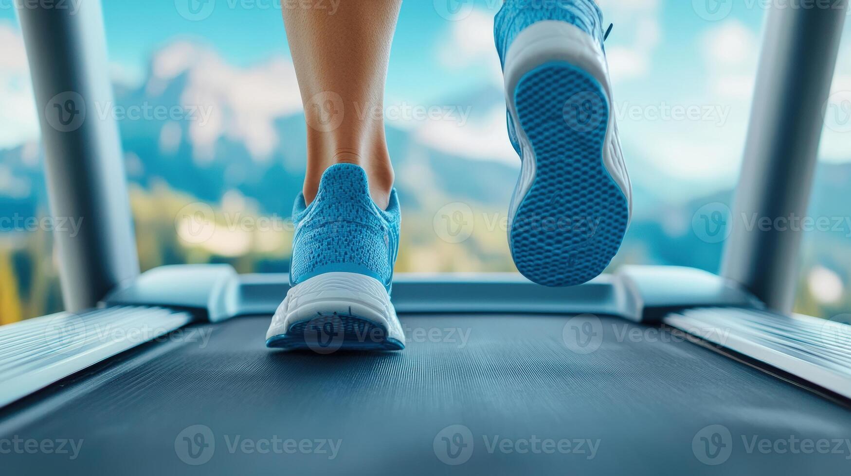 Close-up of a person running on a treadmill with blue sneakers, focusing on fitness and exercise in a bright, motivational setting. photo