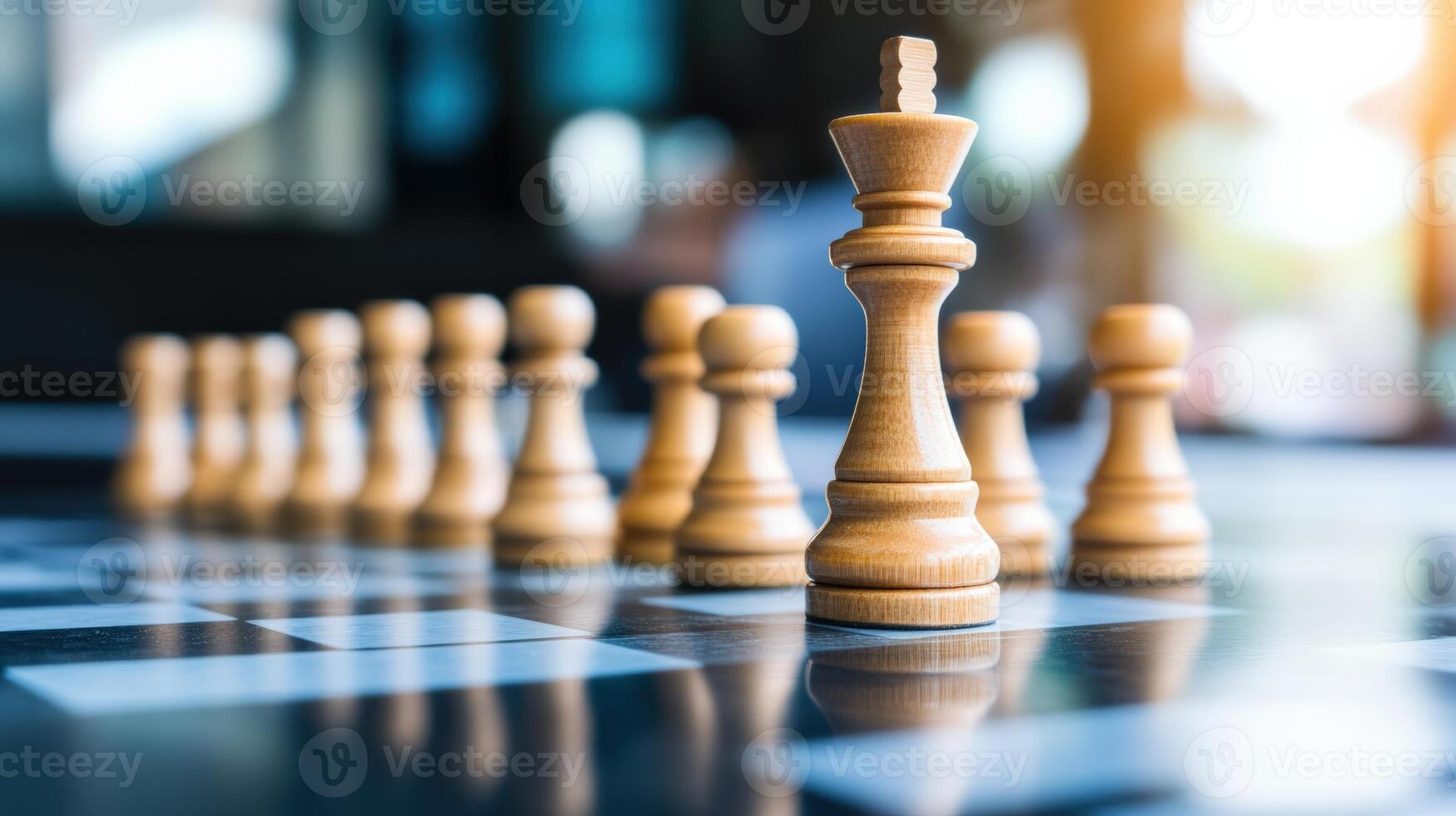 Close up of a chessboard with wooden chess pieces arranged, highlighting the king and the pawns, symbolizing strategy and leadership. photo