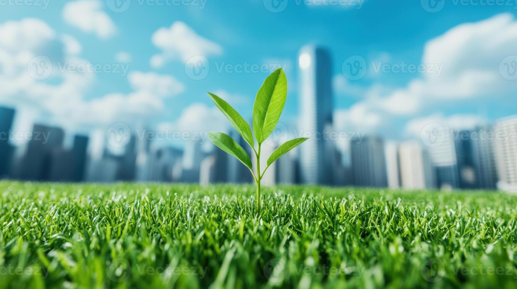 A small green sprout emerging from lush grass with a cityscape in the background, representing growth and urban nature. photo