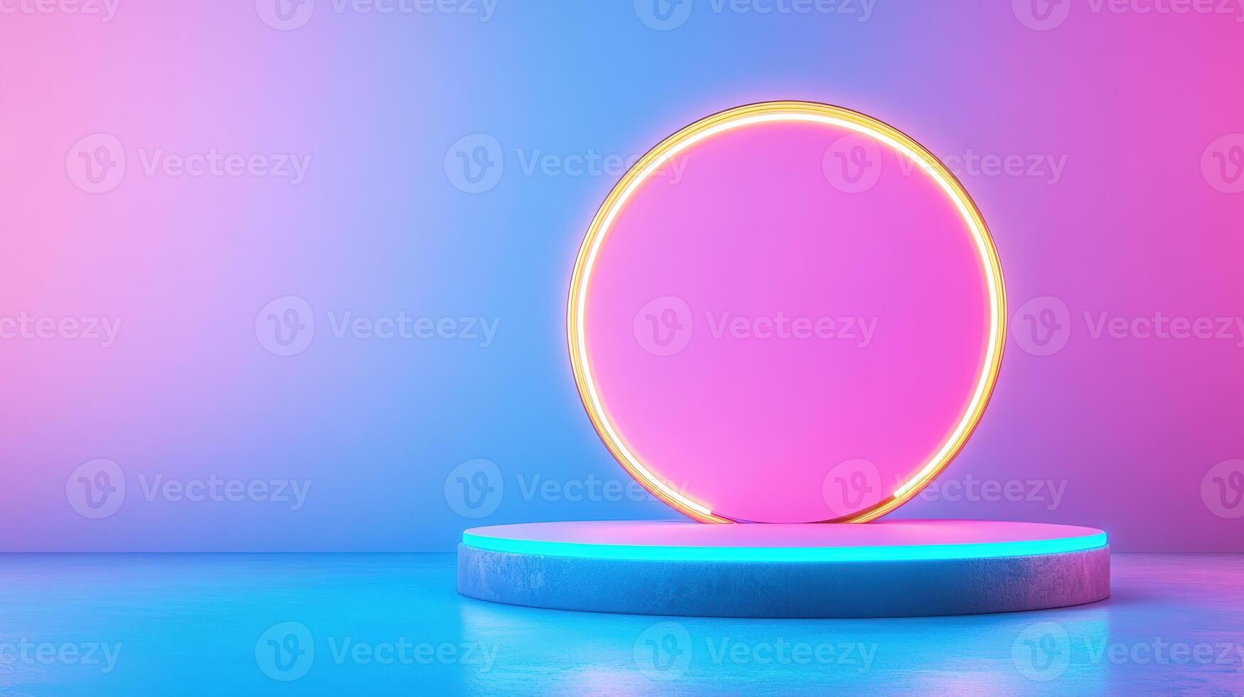 Abstract neon geometric circle on platform with blue and purple gradient background. Modern minimalistic design and futuristic atmosphere. photo