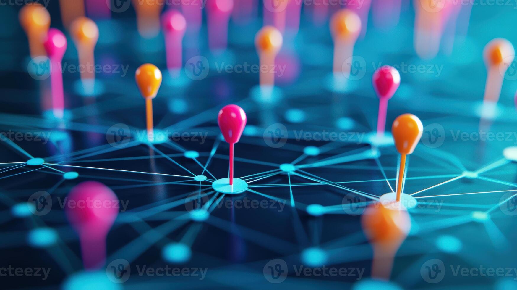Abstract visual representation of interconnected nodes with colorful pins on a blue background symbolizing a digital network or data flow. photo