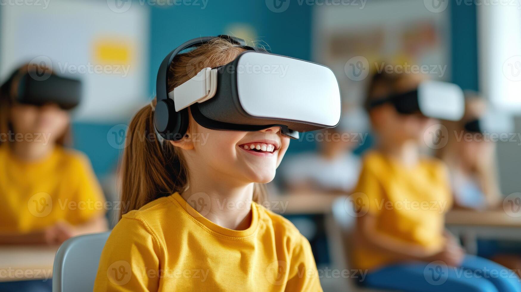 Children in a classroom wearing virtual reality headsets, exploring immersive educational experiences. Smiling and engaged in learning. photo