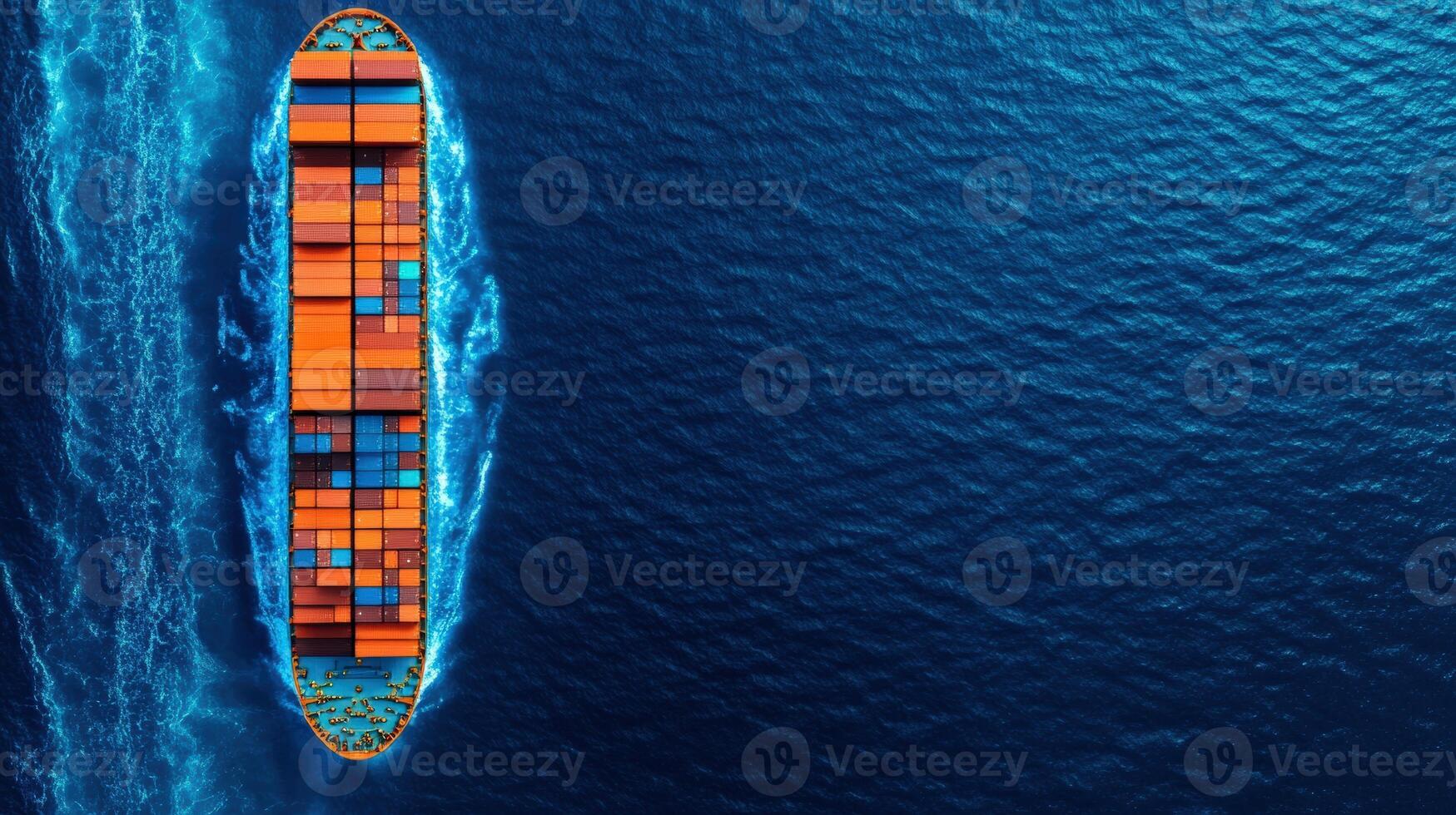 Aerial view of a large cargo ship filled with colorful containers navigating through the blue ocean. photo