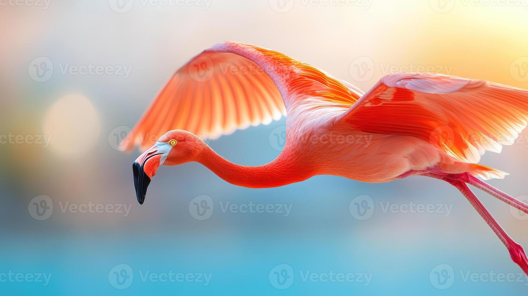Colorful flamingo in flight with a vibrant background, showcasing its bright pink feathers and elegant wingspan against a blurred backdrop. photo