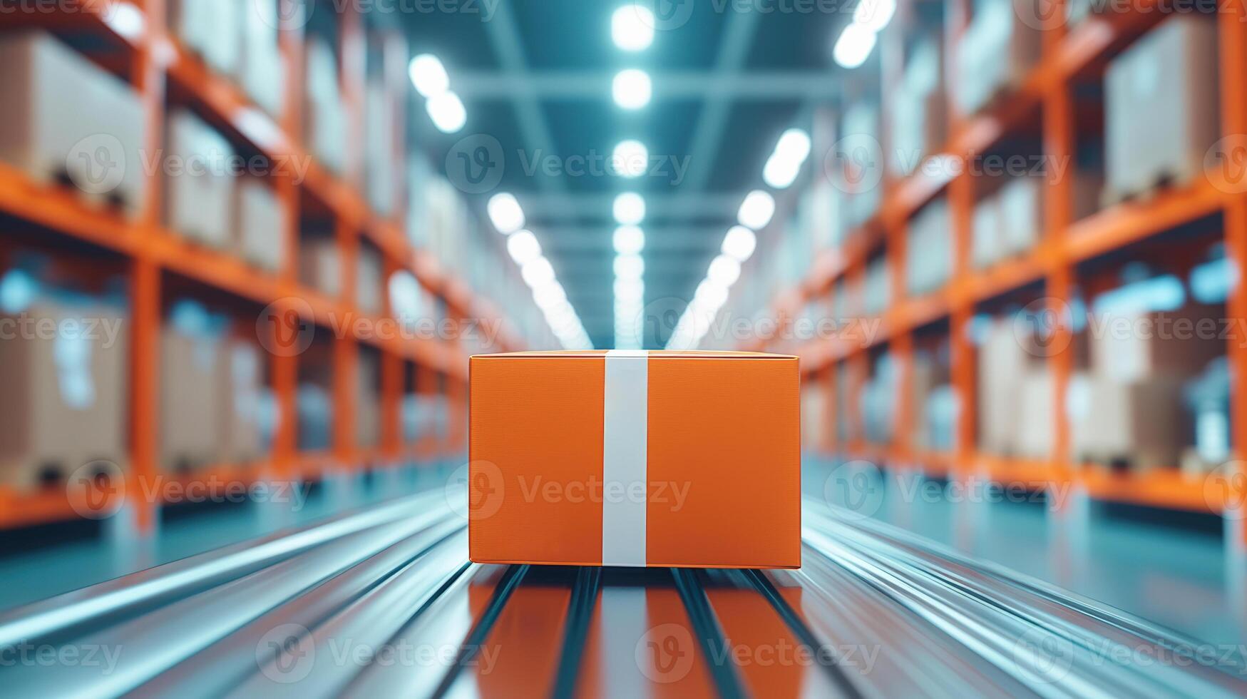 A close-up of a package on a conveyor belt in a large warehouse, surrounded by shelves filled with boxes and products, ready for distribution. photo
