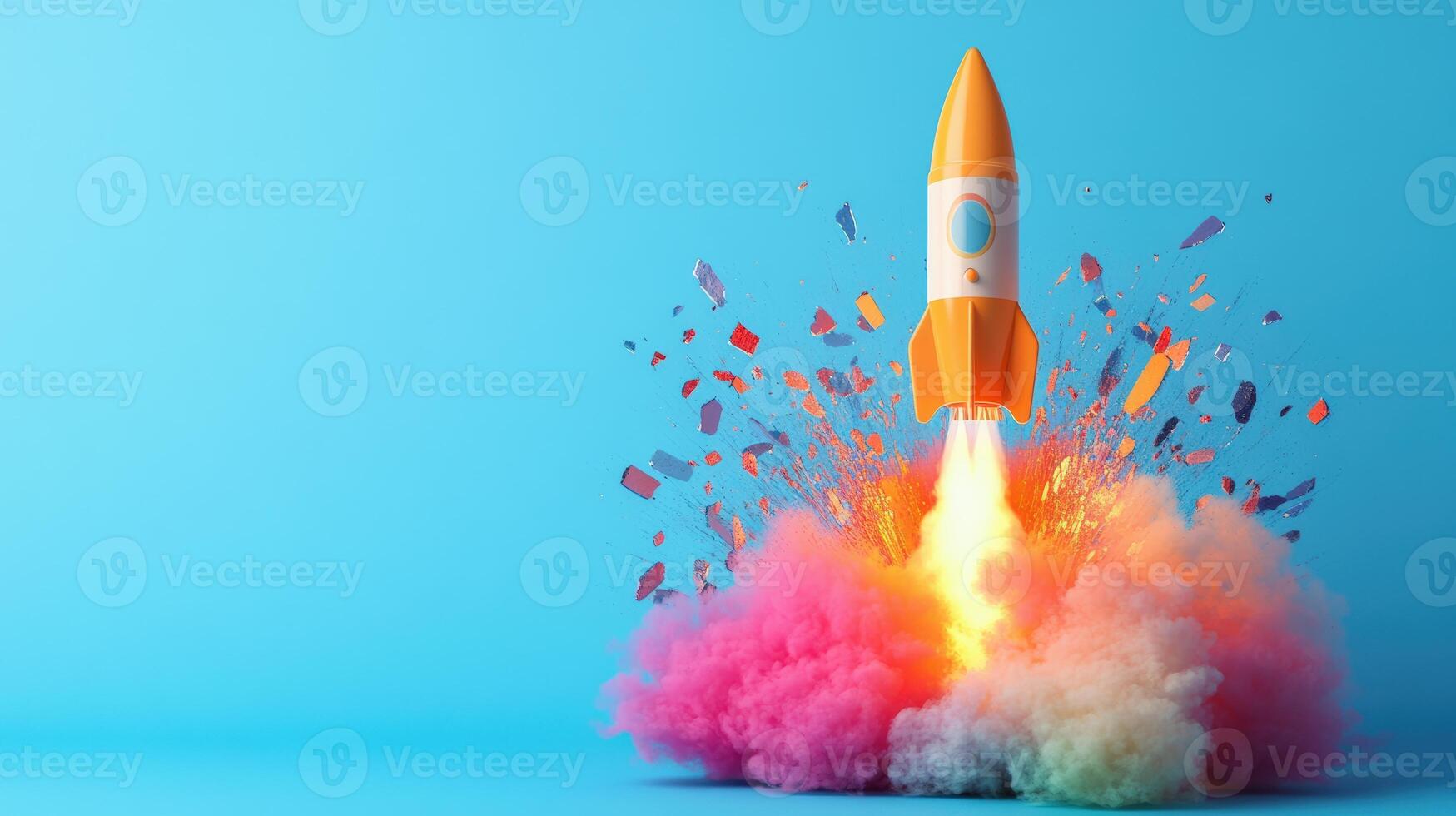 Colorful rocket launch with vibrant smoke and confetti against a blue background, symbolizing creativity, innovation, and celebration. photo