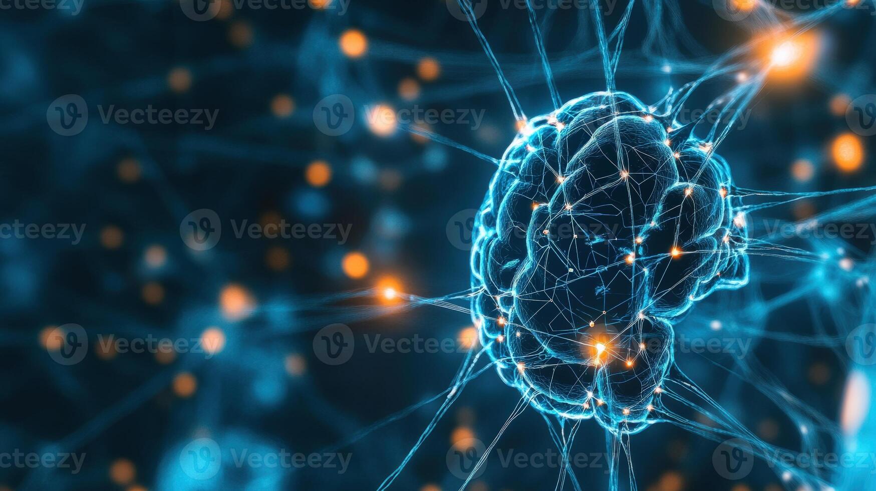 Abstract digital visualization of a human brain interconnected with neural networks. Concept of artificial intelligence and brain technology. photo