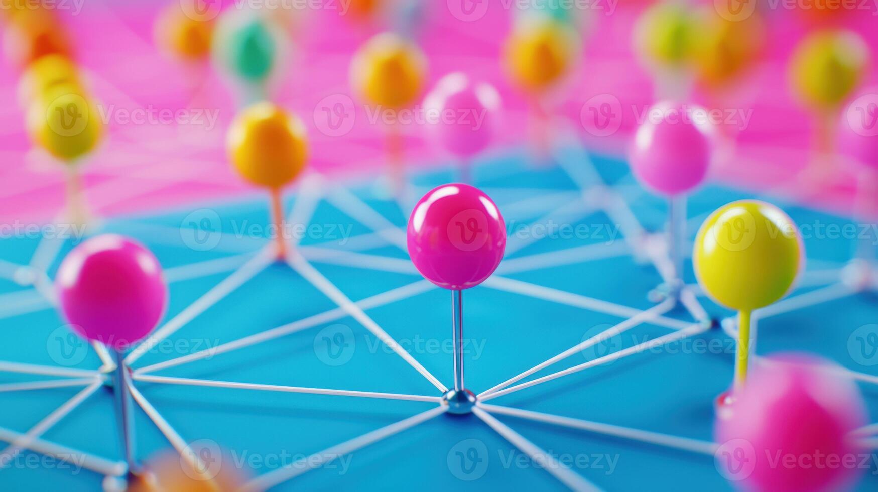 Colorful network connections represented by vibrant pushpins on a geometric layout, symbolizing communication and connectivity. photo