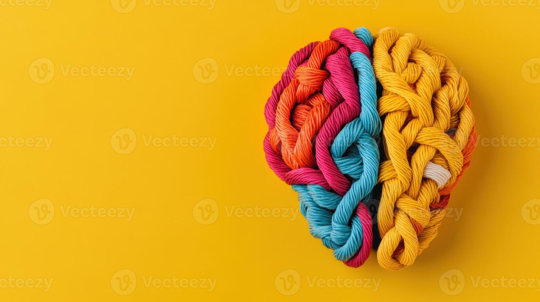 Colorful yarn braided into a brain shape on a vibrant yellow background symbolizing creativity and intelligence. photo