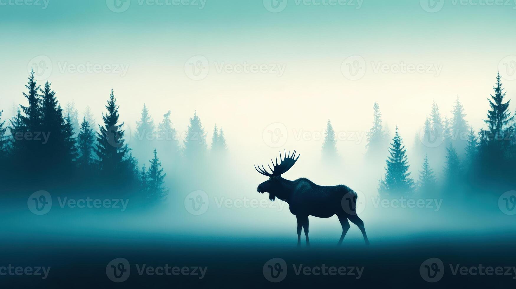A majestic moose stands in a misty forest at dawn, surrounded by tall evergreen trees, creating a serene and atmospheric scene. photo