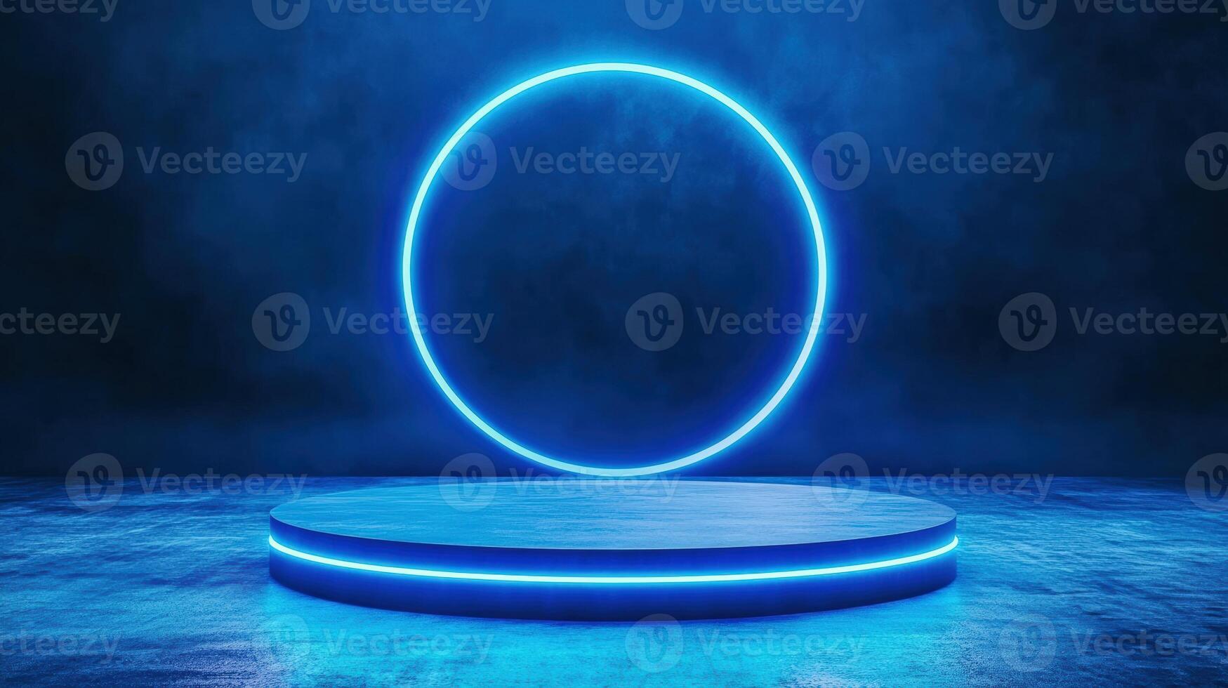 Abstract blue neon circle with glowing light on a podium in a dark room, futuristic and modern design, perfect for tech displays. photo