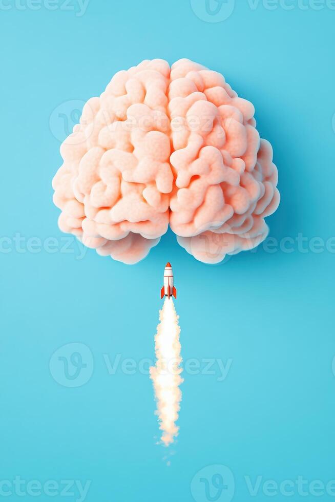 Creative concept image of a brain with a rocket launching from it, symbolizing innovation, ideas, and intelligence on a blue background. photo
