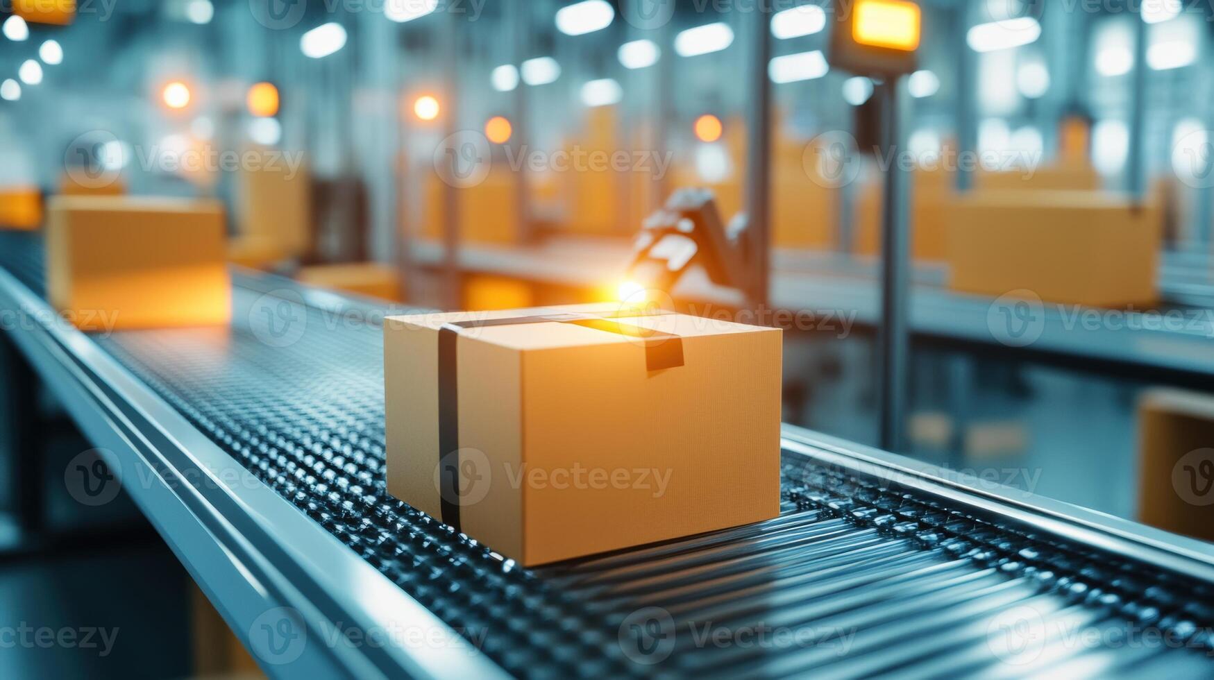 Automated machinery sorting cardboard boxes on a conveyor belt in a modern warehouse or logistics center, emphasizing industrial efficiency photo