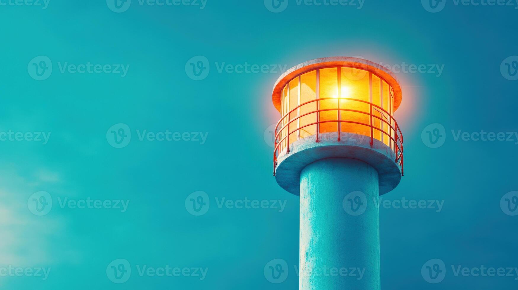 A lighthouse with a glowing light against a vibrant blue sky, symbolizing guidance, hope, and safety for maritime navigation. photo
