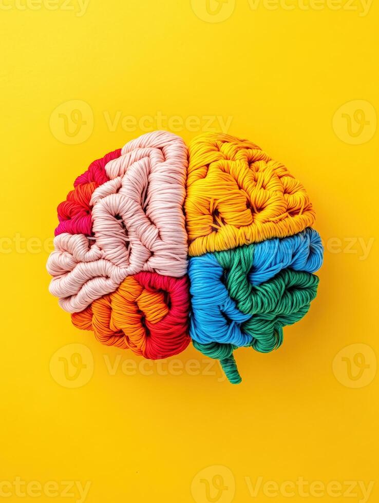 Colorful yarn brain on a vibrant yellow background, representing creativity, intelligence, and mental health in a fun, artistic way. photo