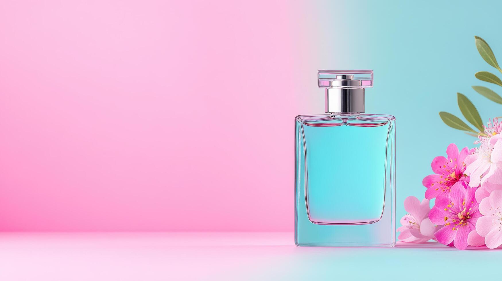Elegant perfume bottle with floral accents on a vibrant pink and blue backdrop, perfect for beauty and fragrance promotions. photo