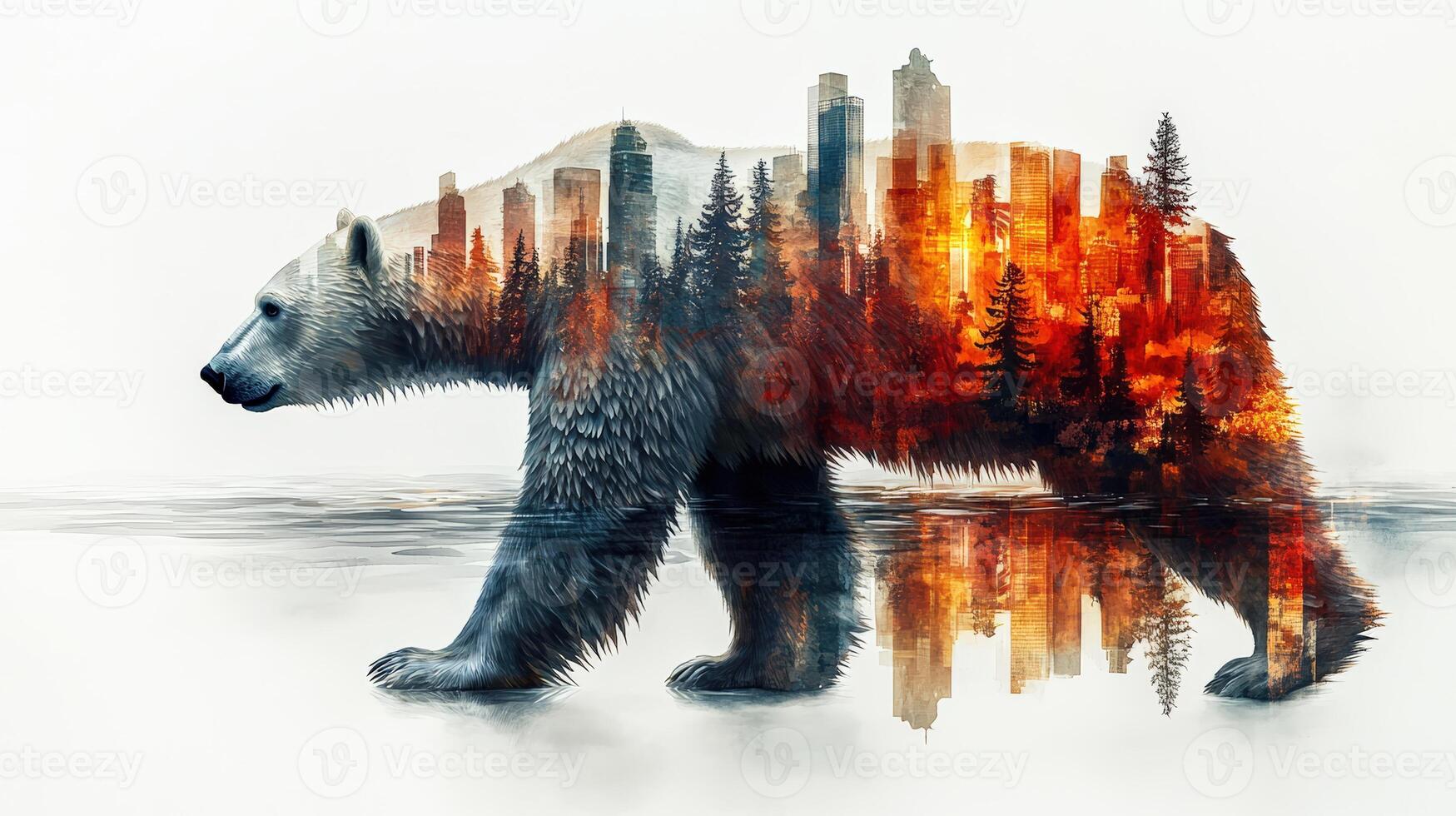 A majestic bear silhouette merges with a vibrant cityscape, symbolizing the harmony between nature and urban life. photo