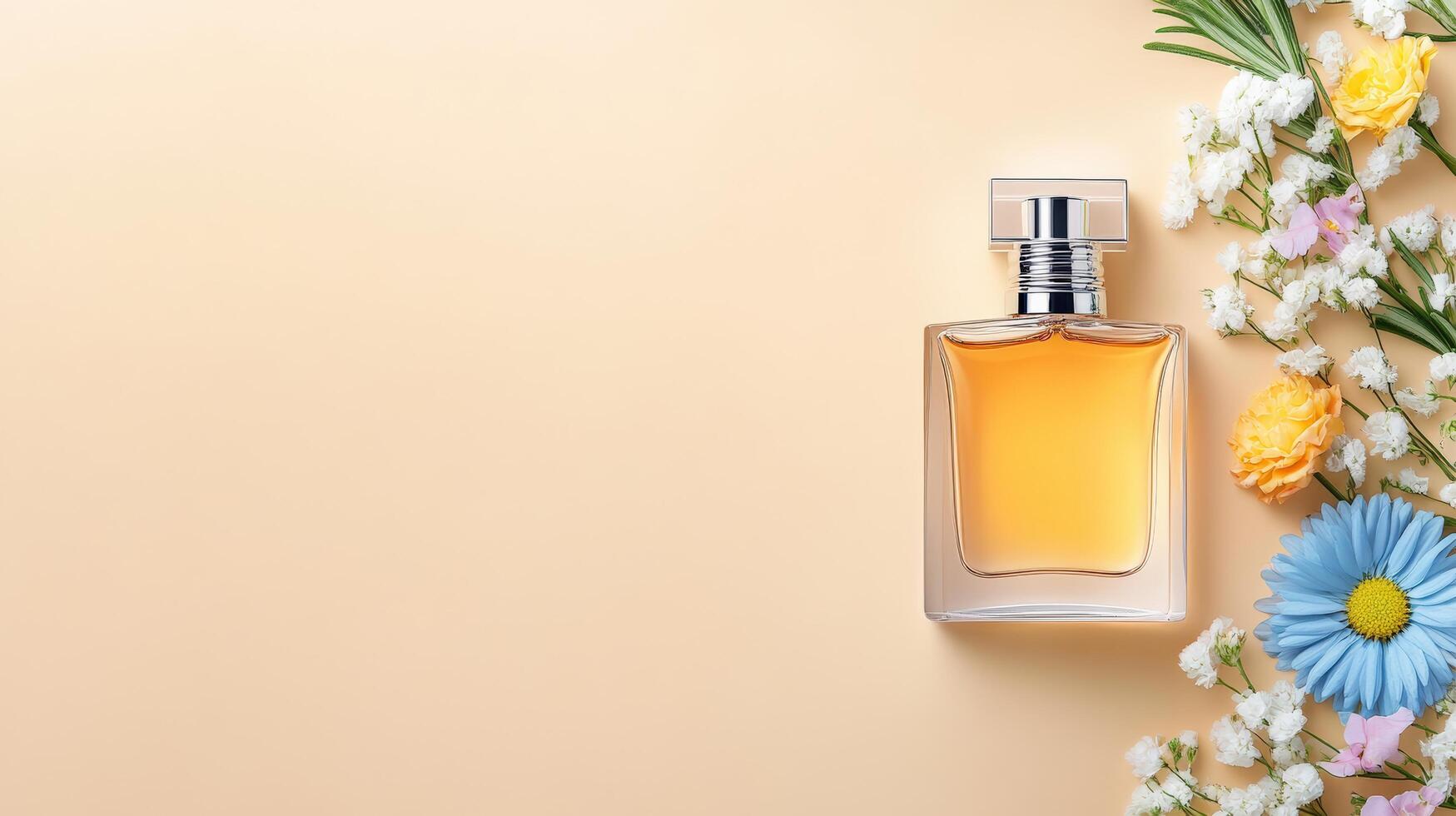 Elegant perfume bottle surrounded by colorful flowers on a soft beige background, perfect for beauty or fragrance promotions. photo